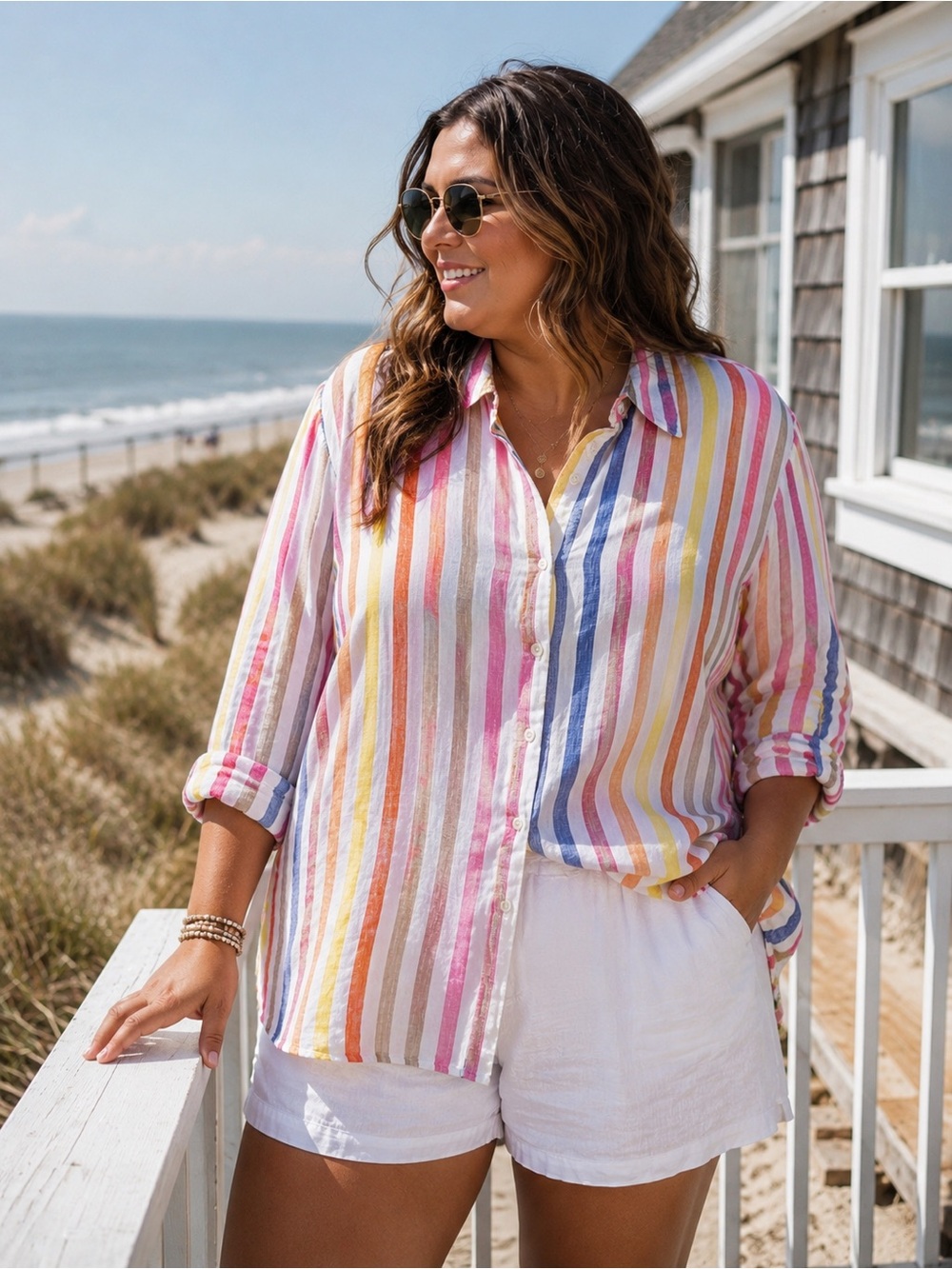 Talbots 100% Linen Rainbow Stripe Button Front Shirt | Coastal Resort Tunic L